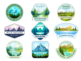 Wall Mural - nature labels. horizontal landscape with mountain hills rivers and woods outdoor recent vector natur