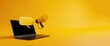 © original logo - A laptop with a megaphone and a speech bubble coming out of the screen, representing online communication and marketing. The yellow background highlights the vibrant nature of online advertising.