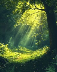 Sunlight Rays Streaming Through Lush Green Forest Canopy, Path Leading Into Deep Woods.