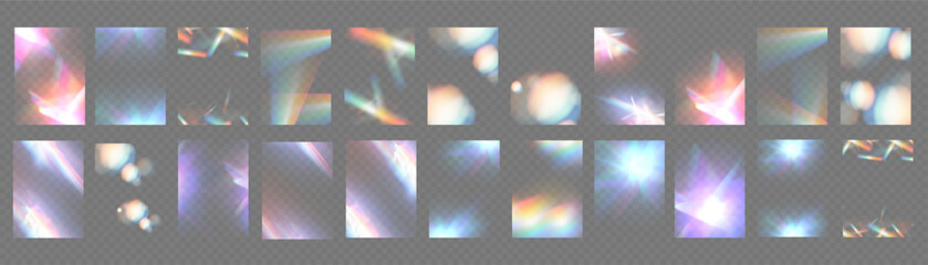 Wall Mural - Crystal light glasses effect sparkle prism glare reflection effect. Banner optical rainbow lights, glare, leak, streak overlay. falling confetti. Vector banner colorful vector lenses and light flares.