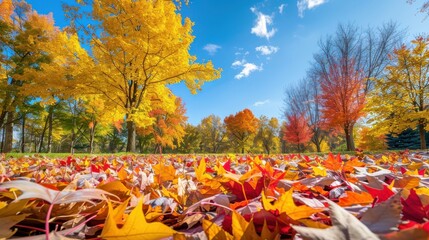 A vibrant autumn background with trees in full fall colors, a carpet of leaves on the ground, and a clear blue sky, capturing the essence and beauty of the autumn season