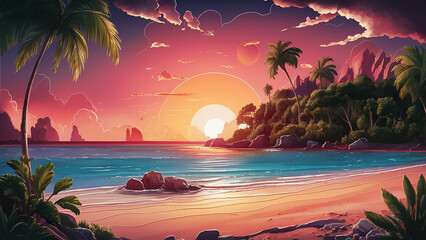 a beach sunset illustration that captures the essence of the tropics