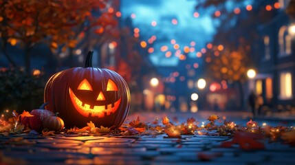 A Jack-o'-lantern with candle and pumpkins in a spooky Halloween decor