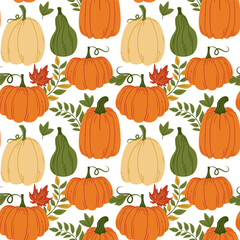 Canvas Print - Colorful Pumpkins and Autumn Leaves Seamless Pattern. Thanksgiving Harvest Fall Pumpkin Holiday Food