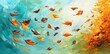 © Mark - An illustration of autumn leafs flying on a blue background with an orange gold color fronted by a wide bright seasonal concept