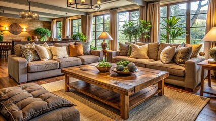 Cozy atmosphere of a living room with a rustic wooden table surrounded by comfortable couches and plush pillows, perfect for intimate gatherings and casual conversations.