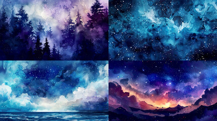 Vibrant watercolor washes of night skies, smooth transitions, dynamic stars, creative backgrounds 