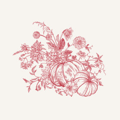 Wall Mural - Composition with flowers and pumpkins. Vector botanical illustration. Red.