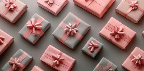 Close-up of precisely arranged Christmas gifts in a grid pattern and trendy pink and grey seasonal background with clean lines and symmetry.