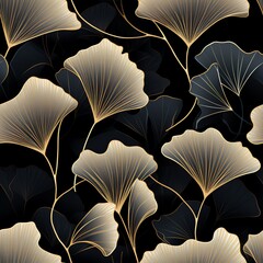 Golden Gingko Leaves on a dark background, Gingko Background, Floral Background, Luxury Texture, Seamless Pattern, Floral Background, Wallpaper