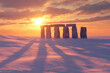 © Kitta - A Serene Sunset Over a Majestic Stonehenge-Like Monument Surrounded by Expansive Snowy Landscape and Glowing Warmth