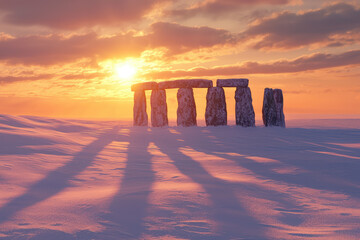 A Serene Sunset Over a Majestic Stonehenge-Like Monument Surrounded by Expansive Snowy Landscape and Glowing Warmth