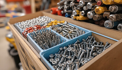 Wooden box organizing screws nails and rivets for construction project