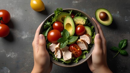 Wall Mural - Woman's hands holding a bowl with salad with tomatoes, chicken, avocado.