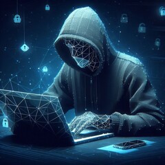 Abstract polygonal hacker with laptop on technology dark background. Cyber attack and cyber security concepts. Computer hacking. Digital technology. Man in hoodie. 
