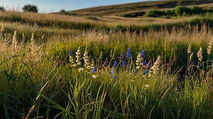 Wall Mural - Summer Field Wallpaper with copy-space. Nature Scene with Long Grass, Wild Flowers and Clear Blue Sky.