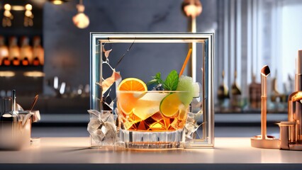 a refreshing cocktail in a stylish bar or restaurant, featuring vibrant fruit garnishes and a summer