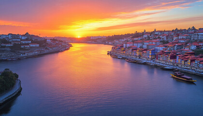 Wall Mural - Douro river reflecting dramatic sunset over porto portugal