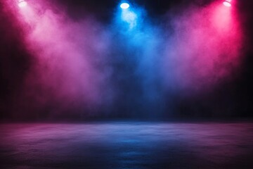 Wall Mural - During this dark stage show, the background is empty, dark blue, purple, pink, with neon lighting, spotlights and a smoke float that fills the studio room for displaying the products.