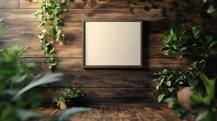 Blank Framed Canvas on Wooden Wall with Plants