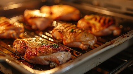 The toaster ovens interior light shines down onto a closeup of a baking pan lined with chicken . The pink meat of the poultry is shown to perfection with grill marks indicating.