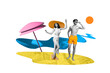 © deagreez - Photo collage young luxury couple dream summer vacation enjoy all inclusive resort beach alone rest relax colorful drawing picture