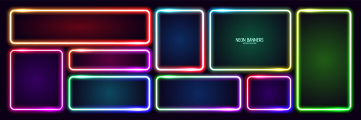Wall Mural - colorful glowing neon banners, illuminated square frames. shiny vibrant border, glow effect. purple 