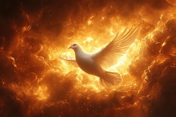 dove descending through swirling flames against celestial background symbolic representation of pentecost spiritual energy radiating outward