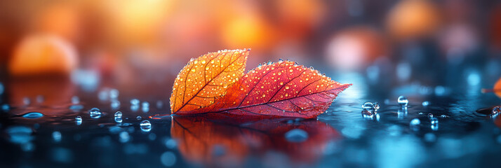 Poster - Autumn leaf floating an water surface. Autumn banner. Blurry background.