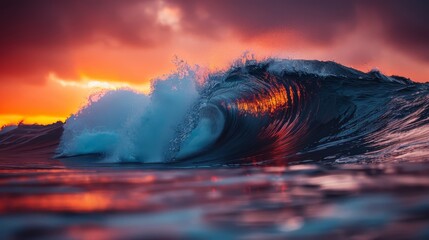 Wall Mural - A huge, perfect wave crashes down on the ocean coast at sunset, creating a beautiful play of light and water. The golden hues of the sunset reflect off the water, creating a mesmerising scene.