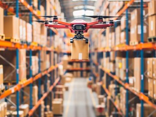 Wall Mural - An automated drone flies through a warehouse corridor, demonstrating the future of parcel handling and inventory systems in distribution centers.