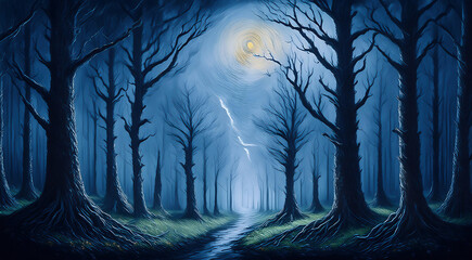 Halloween consept of a fantasy spooky forest by steam at night with full moon and dry, tree branches in the sky with blue hues.