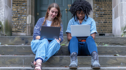 Two women are sitting on the steps outside their university building, using their laptops.