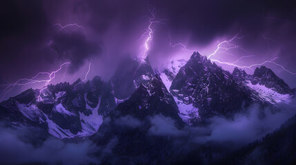 Wall Mural - A mountain range with a stormy sky and lightning bolts. Scene is intense and dramatic