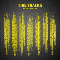 Wall Mural - Yellow grunge tire tracks, wheel braking marks. Truck, car or motorcycle tread pattern silhouettes. Auto race, motorsport, speed racing design element. Asphalt texture. Vector illustration