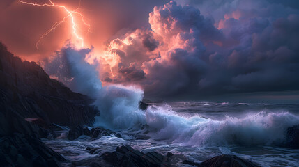 Wall Mural - A stormy ocean with a large wave and a lightning bolt in the sky.