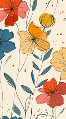 Wall Mural - Pretty colorful floral background, abstract minimalist forms, cute cartoonish designs, simple line drawings, soft and dreamy