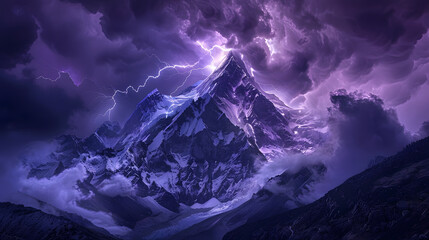 Wall Mural - A mountain with a lightning bolt in the sky. 