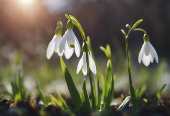 Poster - Beautiful snowdrop flowers in morning sunlight spring blurred background