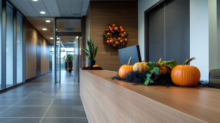 A reception area in an office with a Halloween wreath on the front desk, featuring miniature pumpkins and cobwebs, welcoming visitors with a festive touch