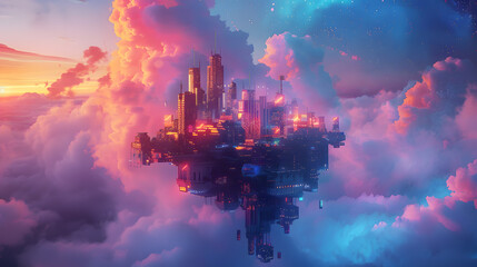Wall Mural - A cityscape with pink clouds and neon lights. The city is filled with tall buildings and the sky is filled with clouds. Scene is bright and colorful, with a futuristic feel
