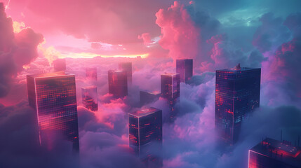 Wall Mural - A cityscape with pink clouds and neon lights. The city is filled with tall buildings and the sky is filled with clouds. Scene is bright and colorful, with a futuristic feel
