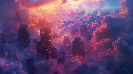 Wall Mural - A cityscape with pink clouds and neon lights. The city is filled with tall buildings and the sky is filled with clouds. Scene is bright and colorful, with a futuristic feel