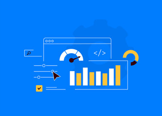 Wall Mural - website performance testing with speed checking, load time, technical seo optimization, analytics, s