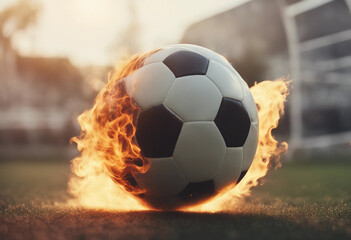 Burning soccer ball reaching goal