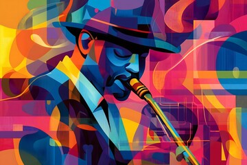 Wall Mural - An abstract and multicolored portrait of a jazz musician