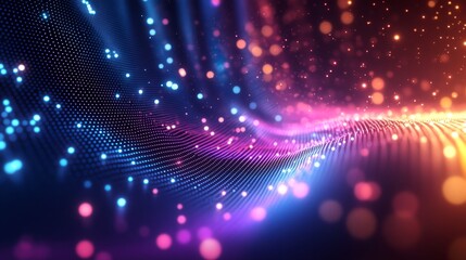 Abstract digital wave with glowing dots and bokeh lights