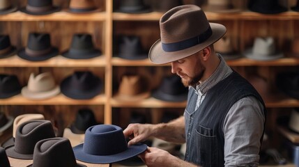 male hats maker standing at his atelier workshop, holding perfectly made hat for customers. successful adult business man employed at his own business