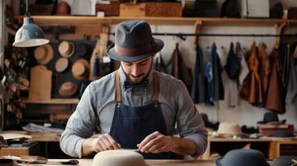 male hats maker standing at his atelier workshop, holding perfectly made hat for customers. successful adult business man employed at his own business