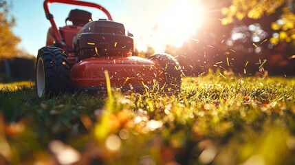 Man Mows Lawn at Sunset Creating Serene Backyard Atmosphere